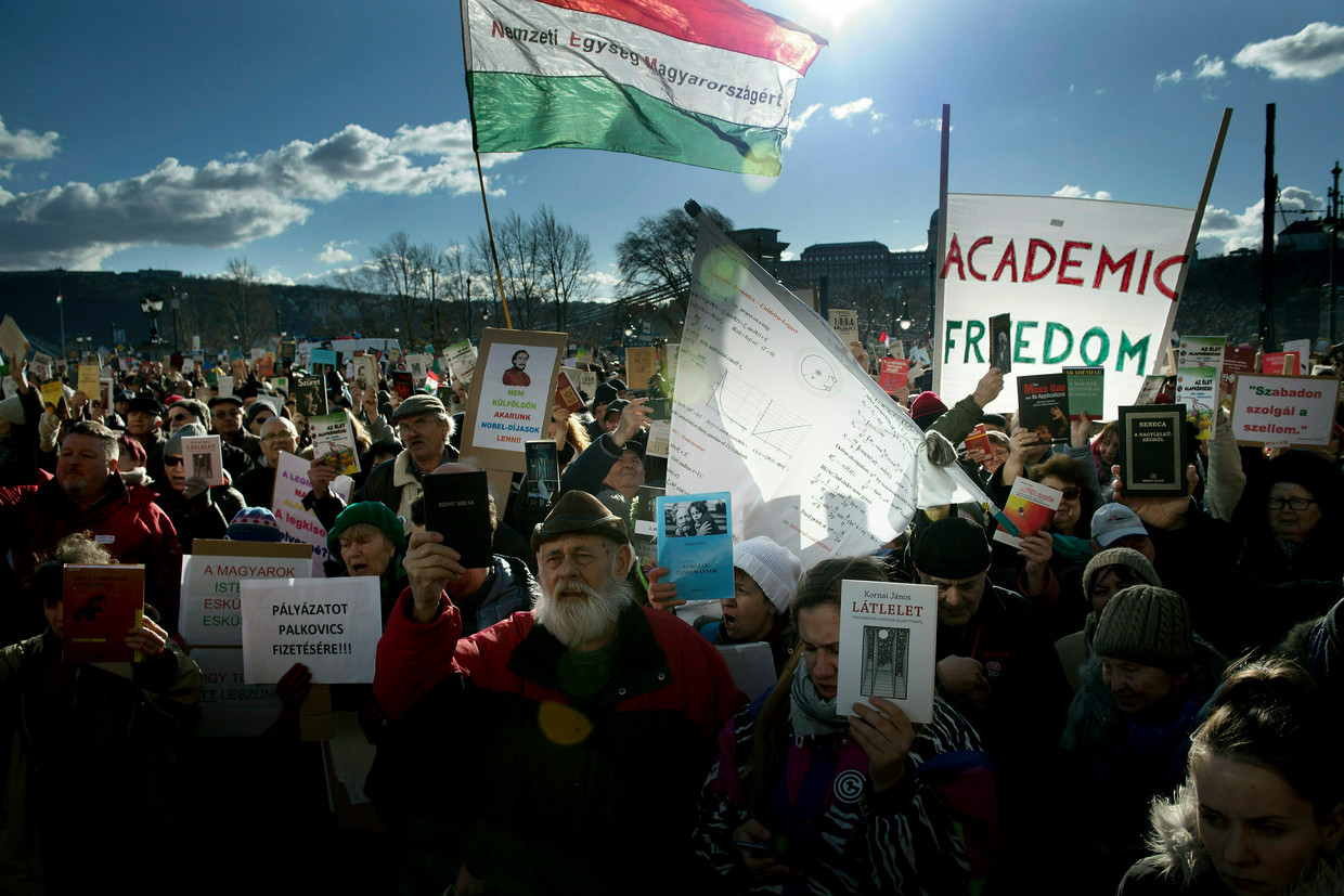 Protest in Boedapest tegen de regering-Orbán. Die wil de Hongaarse Academie van Wetenschappen reorganiseren en meer controle uitoefenen over de financiering van wetenschappelijk onderzoek. Wetenschappers vrezen de inperking van de academische vrijheid. Beeld AP