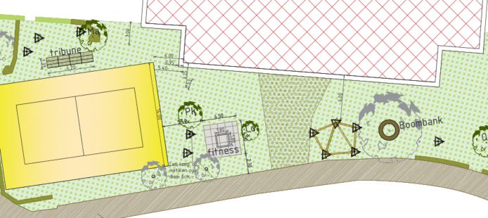 Het plan van de toekomstige sportieve, groene ruimte aan de sporthal van Bouwel