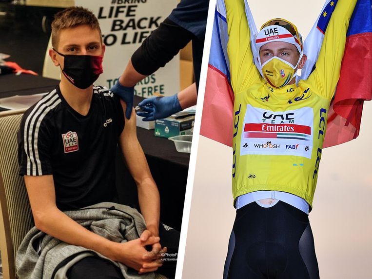 Tour-winnaar Tadej Pogacar krijgt het Chinese Sinopharm-vaccin toegediend. Beeld UAE Team Emirates en