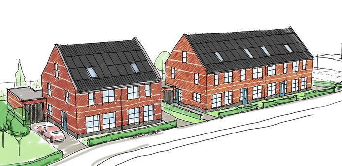 Artist impression van de te bouwen rij- en hoekwoningen in Tag West.