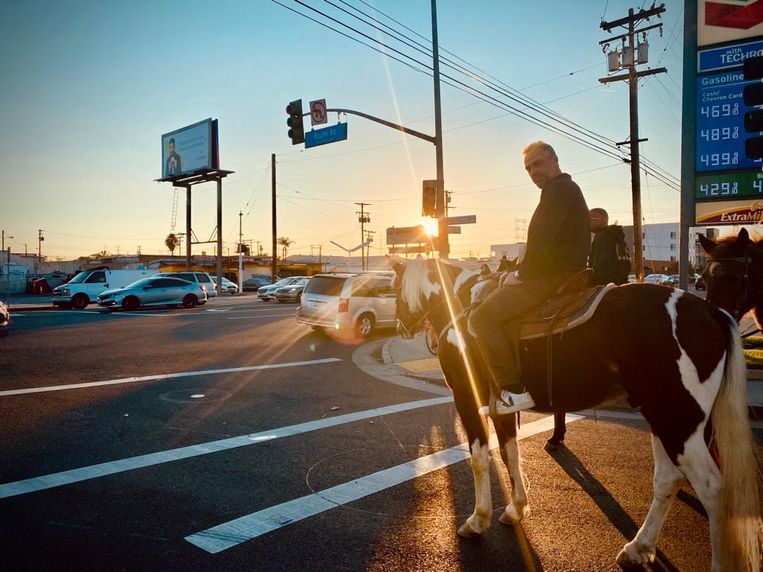 Per paard door de straten van het ruige Compton, Los Angeles, voor ‘Reizen Waes’. Beeld RV