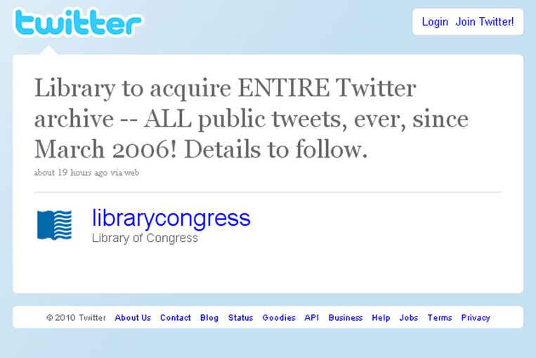 De aankondiging van de Library of Congress op twitter (screenshot) Beeld 