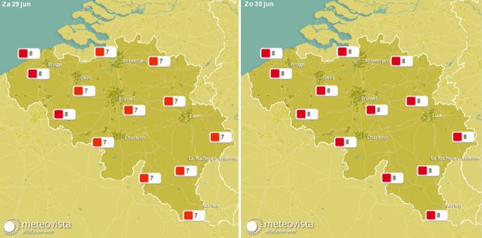 De UV-index in België, vandaag en morgen.