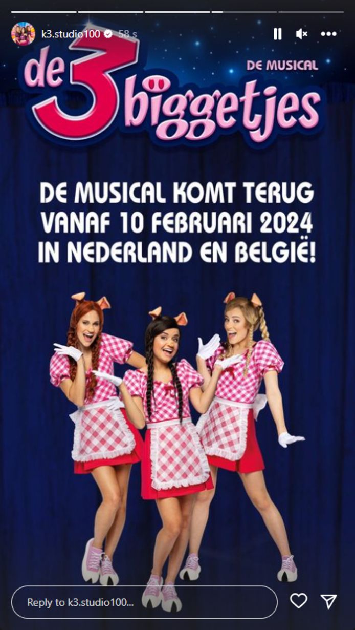 K3 kondigt comeback van musical 'De 3 biggetjes' aan.