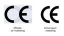 Bij het Europese kwaliteitscontrolelogo (links) staan de C en de E verder uit elkaar dan bij het China Export-logo (rechts).