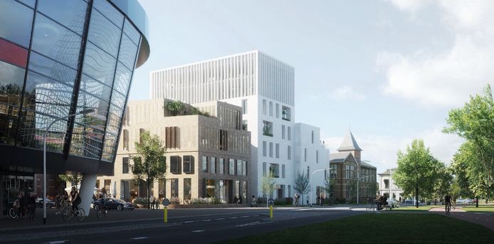 Aanzicht van de Topicampus vanaf de Singel. Links de Deventer Schouwburg en de Keizerstraat, de entree tot de binnenstad.