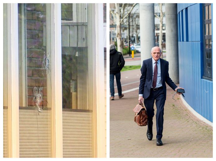 Links: kogelgaten in en Enschedese woning na een beschieting vannacht. Rechts: Gerard Sanderink op archiefbeeld, vandaag stond hij weer tegenover zijn ex in de rechtbank.