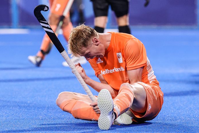 Joep de Mol van Nederland viert de 3-1 tijdens de wedstrijd tegen Canada op de Olympische Spelen.
