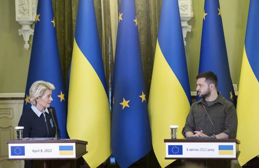 Europees Commissievoorzitter Ursula von der Leyen en de Oekraïense president Volodymyr Zelensky. 