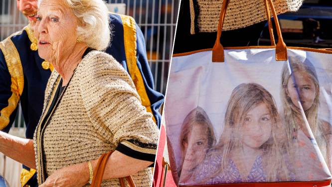 Prinses Beatrix pronkt als trotse oma met tas waar haar kleindochters opstaan