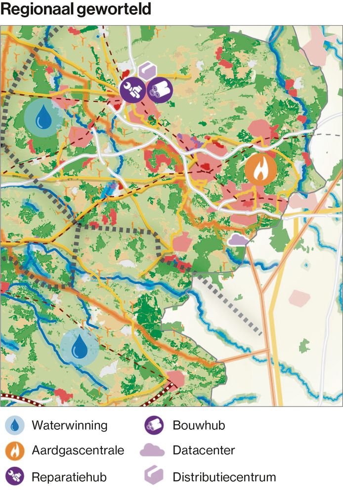 Het Planbureau voor de Leefomgeving tekent in twee toekomstscenario's voor de inrichting van het land aardgascentrales in de buurt van Enschede. In dit geval gaat het om het scenario waarin het land vanuit de regio wordt opgebouwd.