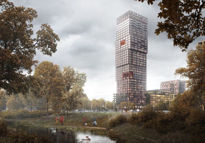 The Blocks, een 120 meter hoge woontoren in de Binckhorst, komt in het toekomstige Waterfrontpark te liggen. Start bouw maart 2024.