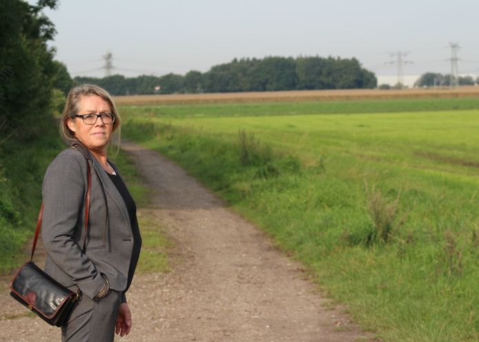 Zegge: Helmi Wintels op het onverharde pad van de Nieuwenberg. Rechts op de achtergrond doemen de 'Roosendaalse dozen' op tussen het groen.