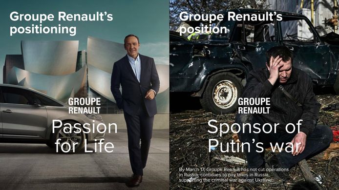 Het beeld dat de Oekraïense buitenlandminister Dmytro Koeleba gebruikte om het beleid van Renault aan de kaak te stellen.