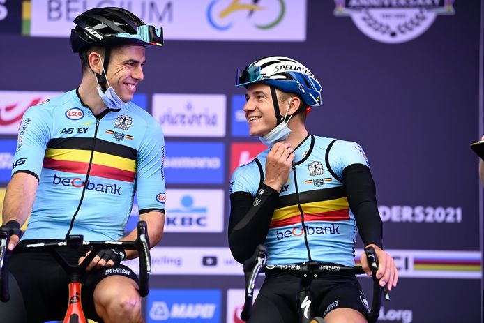 Van Aert met Evenepoel, voor het WK 2021 in Leuven.