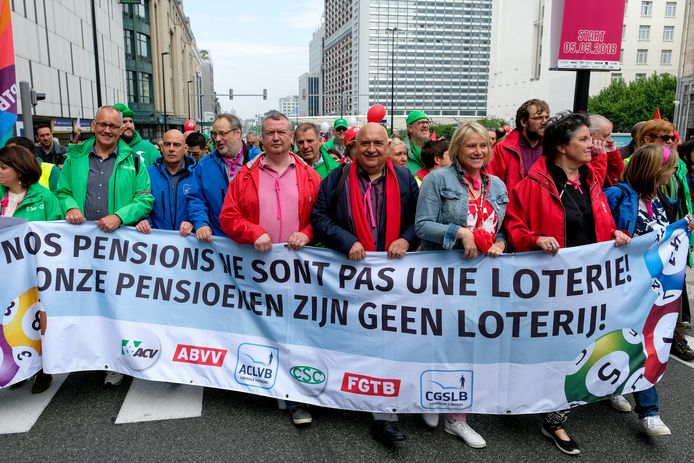 De socialistische vakbonden ABVV en FGTB tijdens een betoging in Brussel in mei dit jaar.