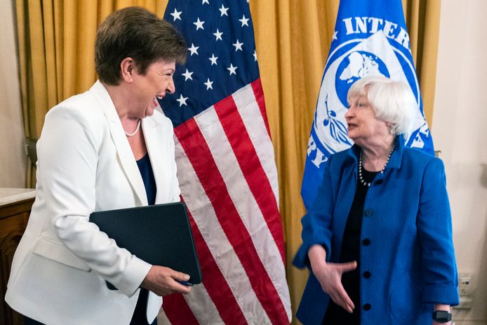 Minister van Financiën Janet Yellen en IMF-directeur Kristalina Georgieva tijdens een ontmoeting in Washington.