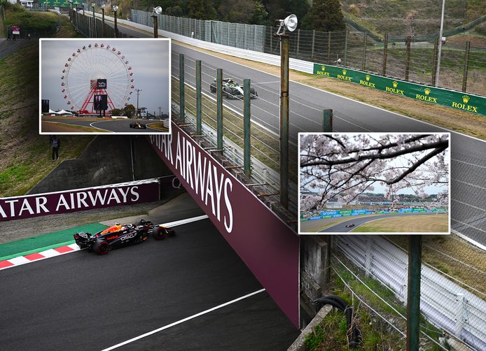 Max Verstappen en Lewis Hamilton (op de brug) in actie tijdens VT1 op het circuit van Suzuka.