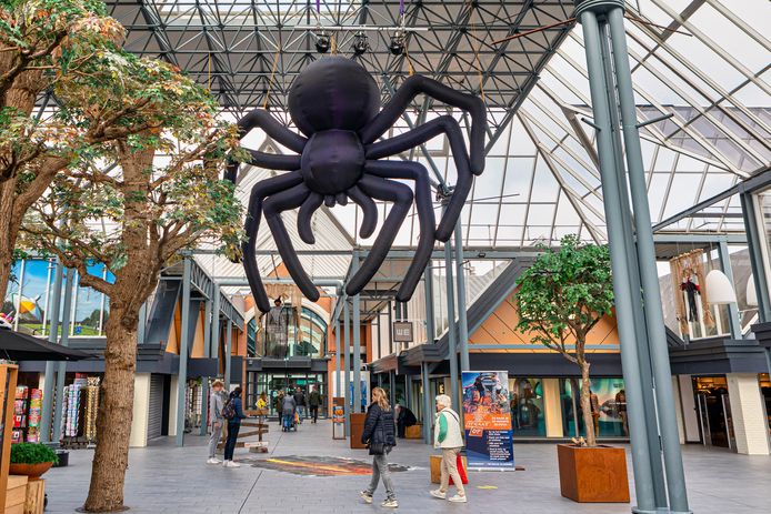 Winkelcentrum Arendshof in Oosterhout is gedecoreerd in Halloweensferen. Op het Hemaplein hangt een enorme spin.