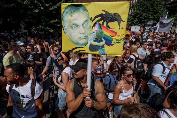 Demonstranten tegen de lhbti-wet in Boedapest, de hoofdstad van Hongarije.
