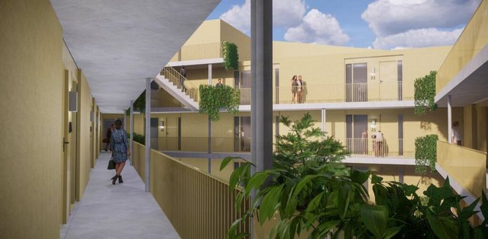 Een impressie van de binnenkant van het nieuwe appartementencomplex De Majoor aan de Montgomerylaan in Eindhoven. Hier komt een gemeenschappelijke  binnentuin voor de bewoners.