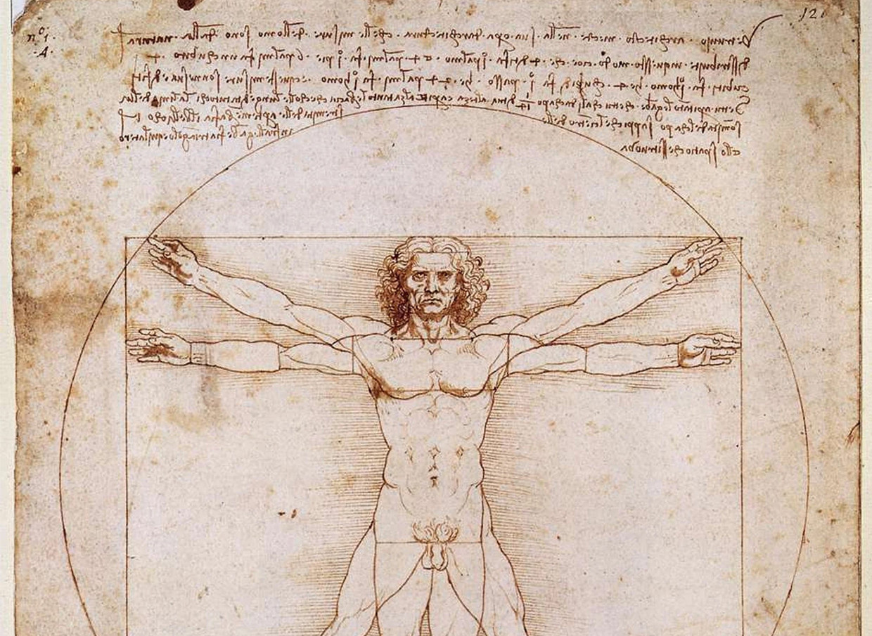 ‘De Mens van Vitruvius’ van Leonardo Da Vinci, met diens handgeschreven teksten. Da Vinci was dyslectisch en schreef van rechts naar links om vlekken te voorkomen. Beeld RV