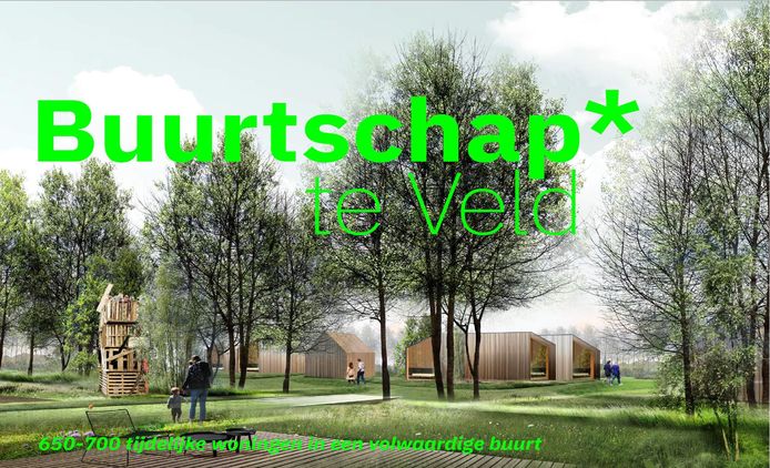 Impressie van hoe Buurtschap Te Veld aan de Castilliëlaan in Eindhoven, met 670 tijdelijke woningen, er uit zou kunnen zien.