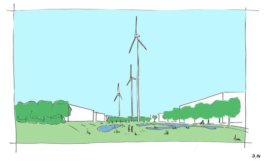 Een getekende impressie van het toekomstige bedrijventerrein, met drie hoge turbines.