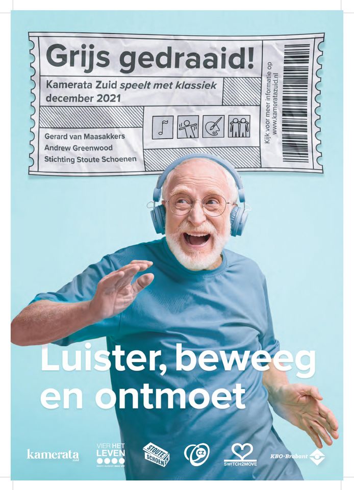 Poster van de sociale concerten die KBO Brabant houdt in 9 theaters in de provincie. Grijs gedraaid!