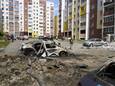 Schade na bombardementen in de Oekraïense stad Charkiv.