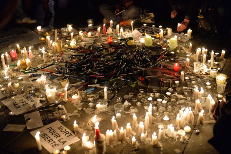 Herdenking in Parijs van de aanslag op Charlie Hebdo. Beeld getty