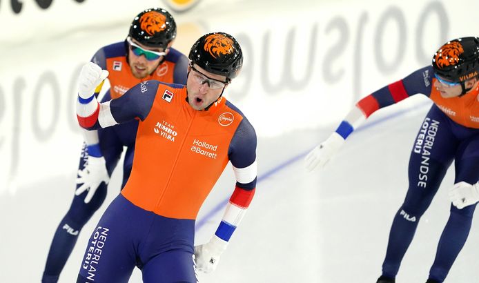 Patrick Roest, Sven Kramer en Marcel Bosker.