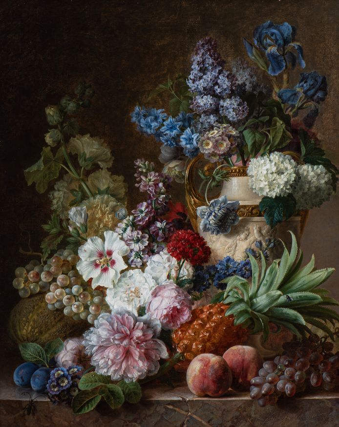 Stilleven met bloemen, fruit en een vaas op een marmeren richel, Gerard van Spaendonck, 1779.