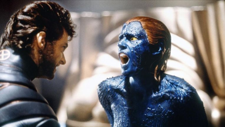 Hugh Jackman als Wolverine en Rebecca Romijn als Mystique in de film X-men. Beeld  