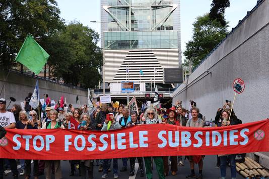 Een grote groep demonstranten verzamelt zich in de tunnel.