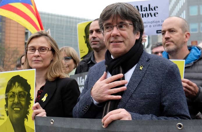 Carles Puigdemont vandaag tijdens een betoging in Brussel.