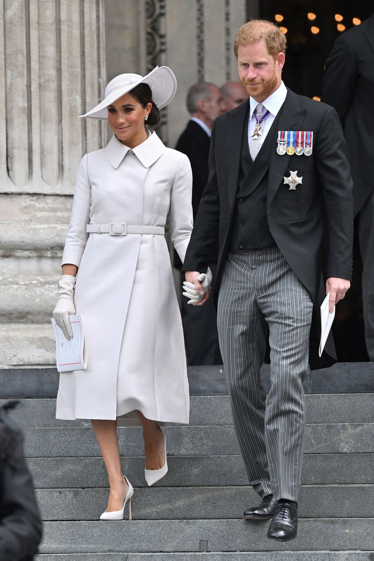Meghan en prins Harry bij de Thanksgiving-dienst in de St. Paul’s kathedraal voor het platina jubileum van koningin Elizabeth (2022) Beeld WireImage
