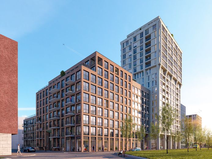 Woontoren Frits, onderdeel van S-West-project op Strijp-S aan de Torenallee, naast school SintLucas (rechts op de illustratie nog net te zien). Op de voorgrond blok Frederik (91 huurwoningen) dat als volgende ontwikkeld wordt. Een ontwerp van Jeroen Schippers voor MRP Development.In Frits is plaats voor 87 koopappartementen.