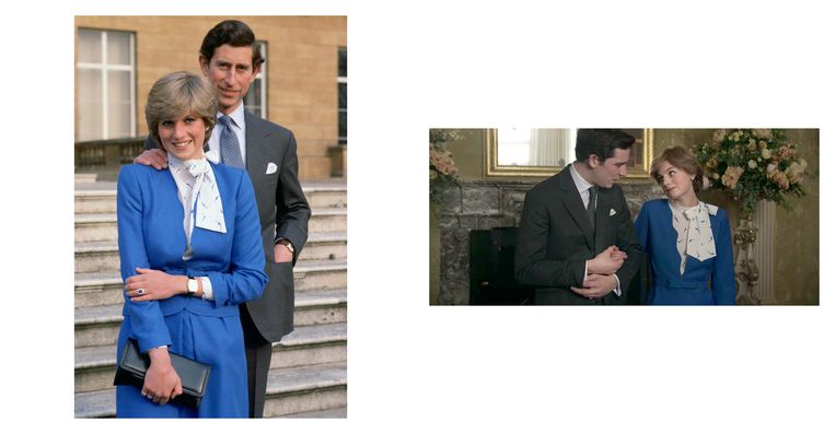 Links: Prins Charles en Lady Diana Spencer (later prinses Diana) in 1981, bij Buckingham Palace op de dag dat zij hun verloving aankondigden. Rechts: still uit de serie. Beeld Netflix/Getty
