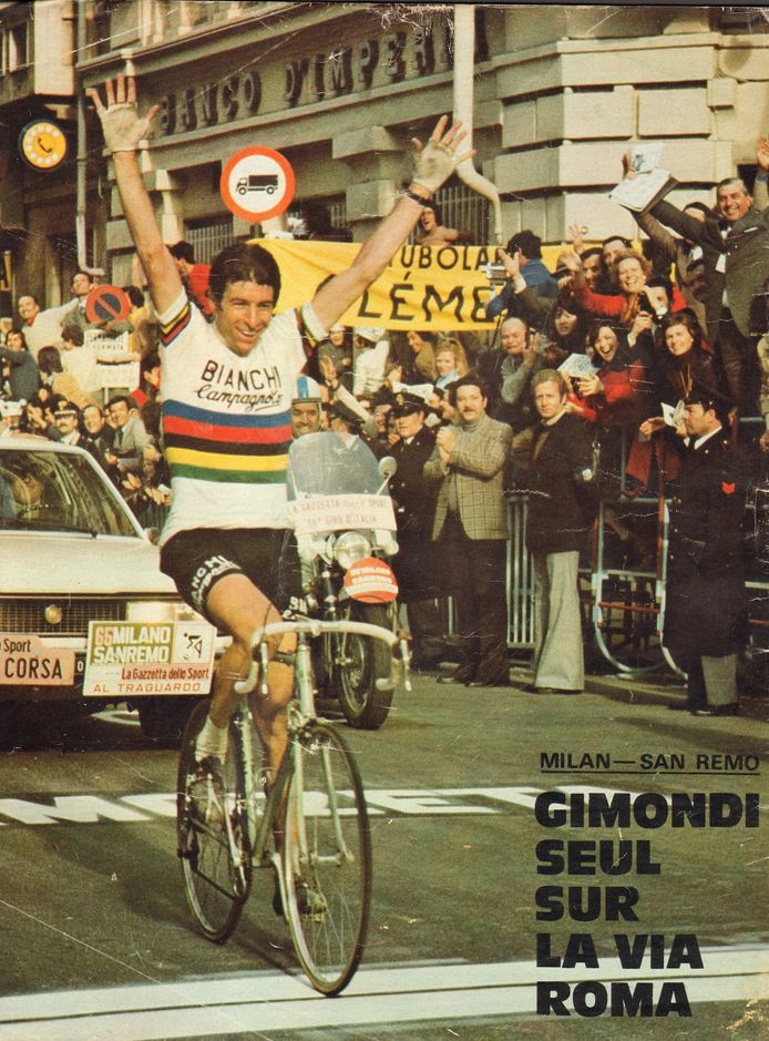 Felice Gimondi juichte in Milaan-San Remo in 1974.