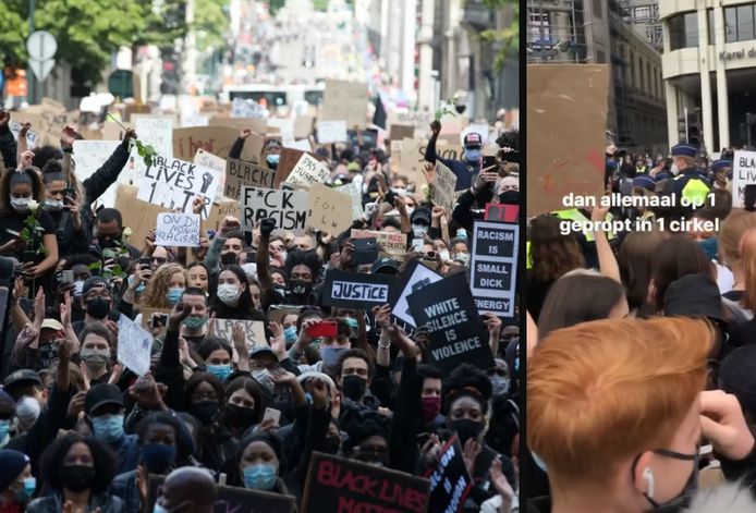 Links: een beeld van het Black Lives Matter-protest in Brussel. Rechts: in Antwerpen werden manifestanten samengedreven en nadien afgevoerd in Lijnbussen. Zonder social distancing, welteverstaan.