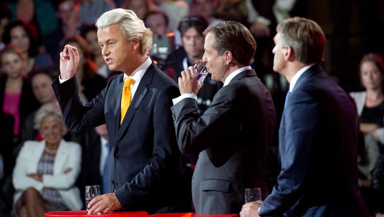 Lijsttrekkers Geert Wilders (PVV), Alexander Pechtold (D66) en Sybrand van Haersma Buma (CDA) tijdens het verkiezingsdebat van de NOS in de Tweede Kamer Beeld anp