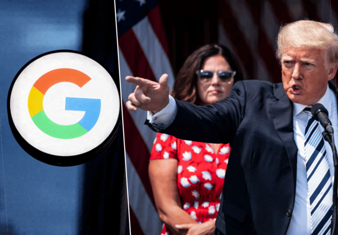 Beeld ter illustratie. Het Google-logo en voormalig president en Republikein Donald Trump.