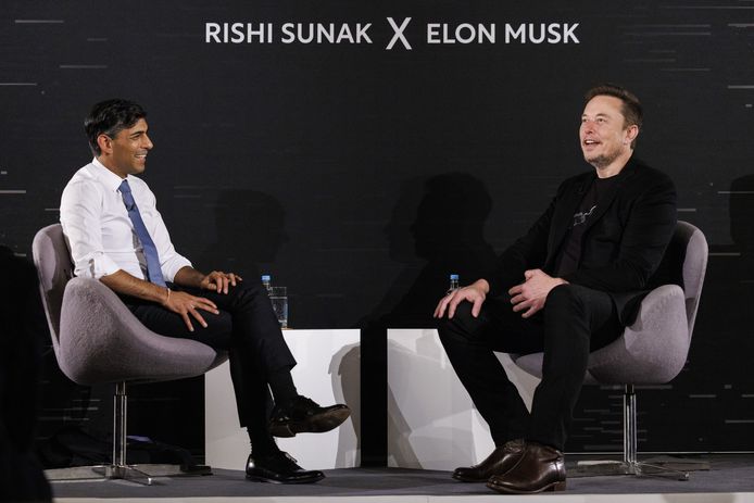 De Britse premier Rishi Sunak (links) en Elon Musk.