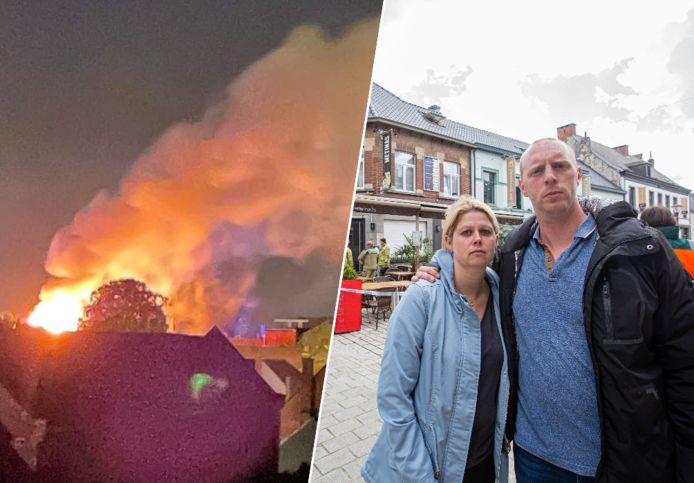 Links: Het restaurant gaat in vlammen op. Rechts: Uitbaters Wendy Windey en Frederic Antonissen voor hun zaak die ze al sinds 2011 uitbaten.