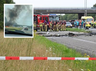 Een enorme vuurbal en ineens ligt de A58 bezaaid met brokstukken van vliegtuigje: ‘Ik zag niks meer,