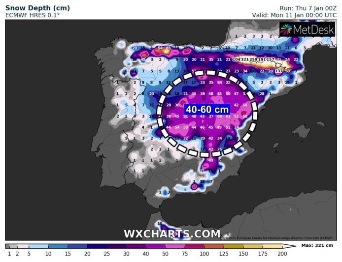 Tot en met zondag valt er veel sneeuw in Spanje. In de regio Madrid kan wel 50 cm vallen.