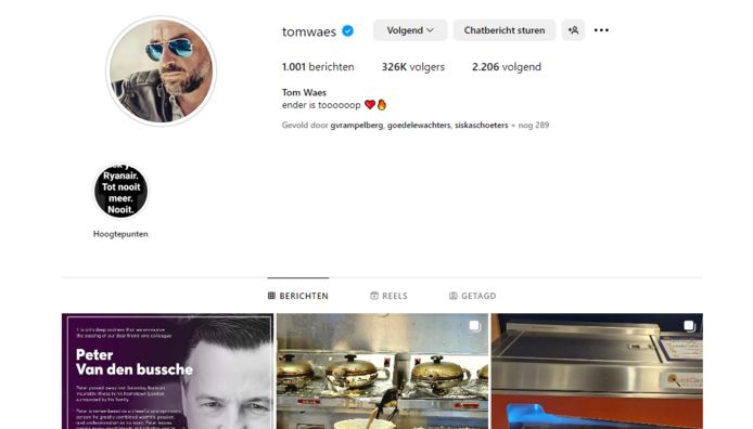 Tom Waes heeft intussen een 'blauw vinkje' op Instagram