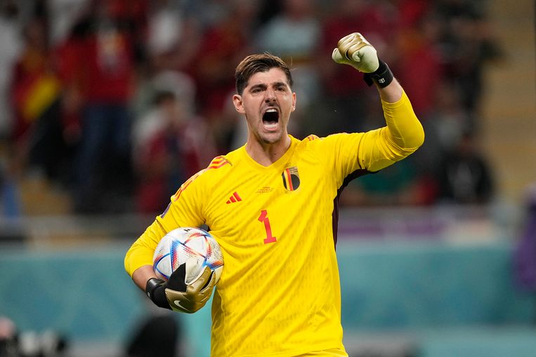 Thibaut Courtois juicht na een gestopte strafschop. Beeld AP