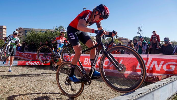 Inge van der Heijden probeert over de balken te springen.